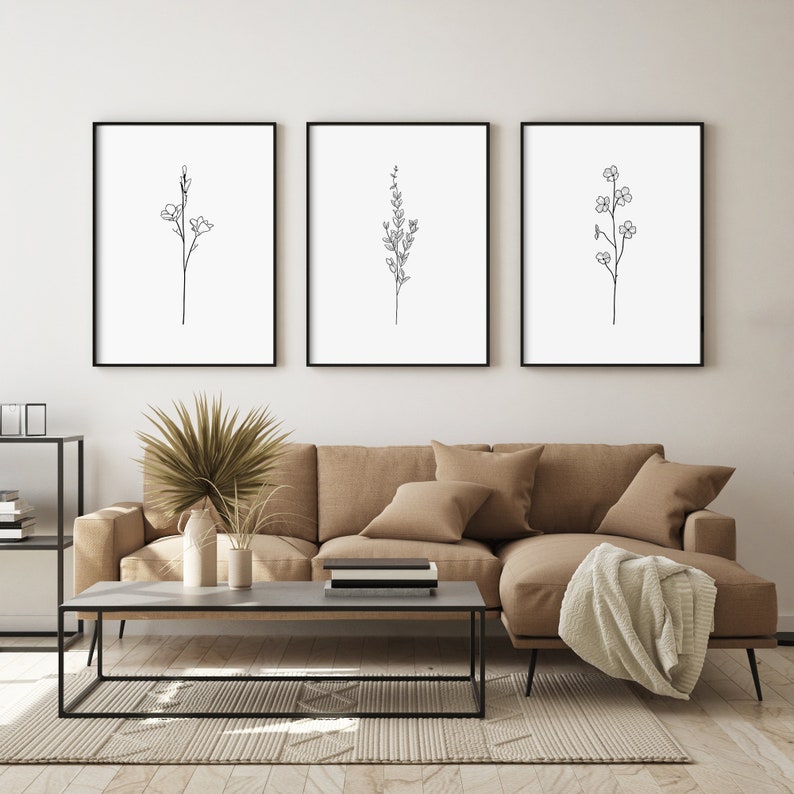 Flower Line Art. Set Of 3 Prints. Botanical Line Art. Line Art Print. Floral Line Drawing. Abstract Flower Print. Living Room Wall Decor. image 2