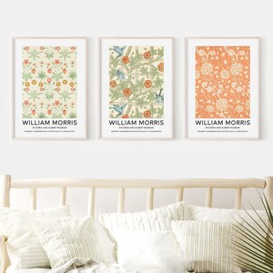 May include: Three framed prints of William Morris floral patterns. The prints are in a light wood frame and have a white background. The patterns are in shades of green, orange, and blue.