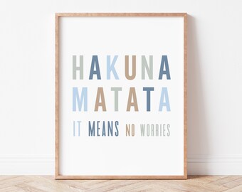 May include: A framed print with the phrase "Hakuna Matata" in colorful letters. The phrase is followed by the words "It means no worries".