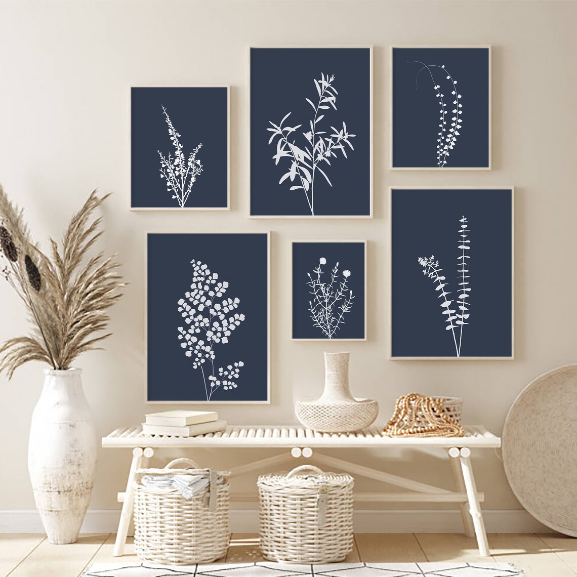 Navy Blue Botanical Print Set, Indigo Floral Wall Art (set of 6) - Etsy ...