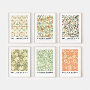 May include: Six printable posters featuring William Morris floral patterns. The posters are in a minimalist style with the artist's name and the Victoria and Albert Museum printed at the bottom.