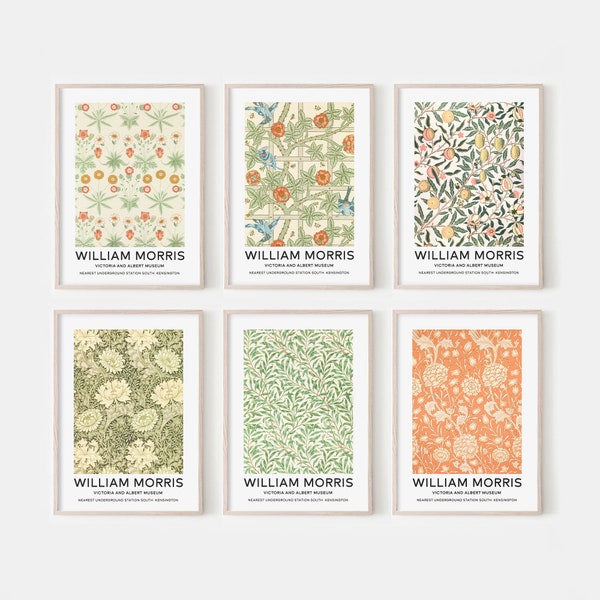 William Morris Print Set, Vintage Blumenkunst, Museum Ausstellungsplakat