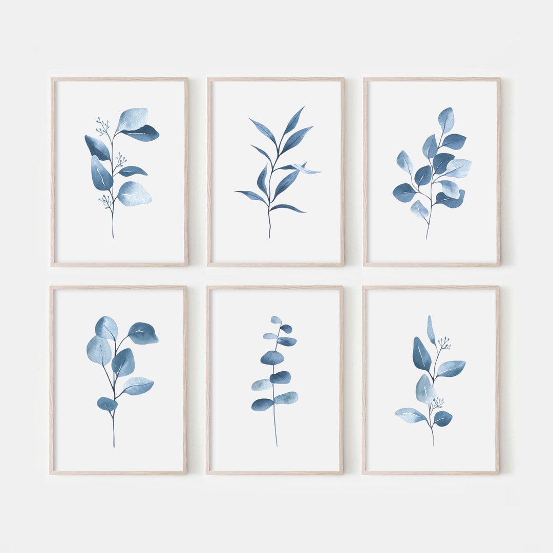 Blue Botanical Print. Set of 6 Prints. Navy Blue Wall Art. Indigo Blue