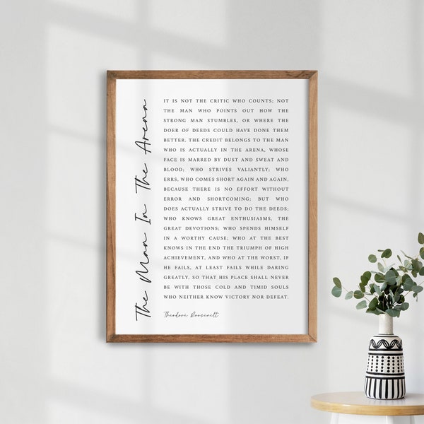 The Man In The Arena. Theodore Roosevelt Quotes. Inspirational Print. Inspirational Sign. Motivational Poster. Living Room Signs.