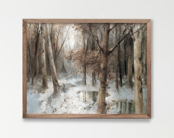 森の風景画。ヴィンテージ ウォール アート。秋の風景油絵。印刷可能な絵画。デジタル ダウンロード。H-134