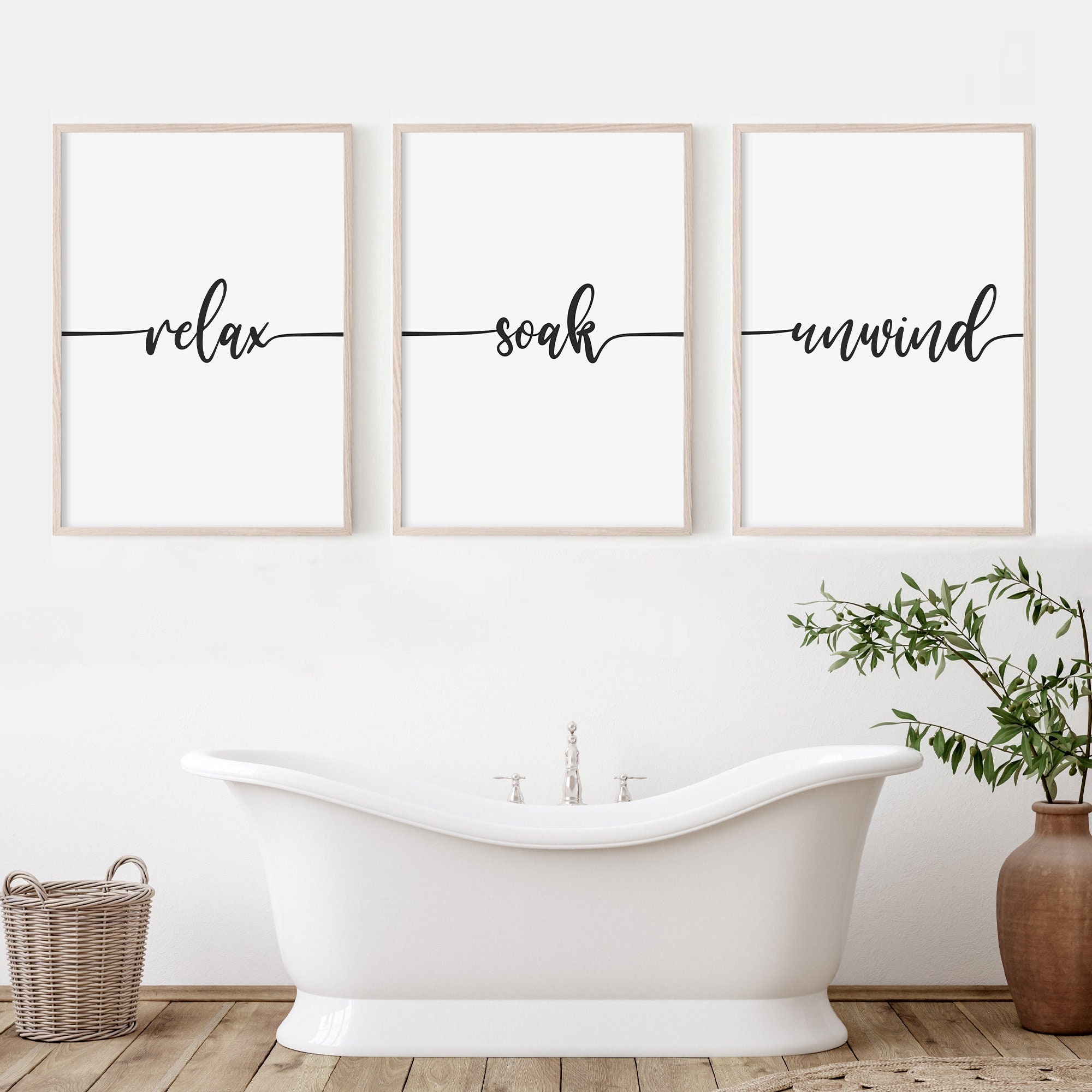 Set Of 3 Bathroom Prints, Relax Soak Unwind, Sage Green