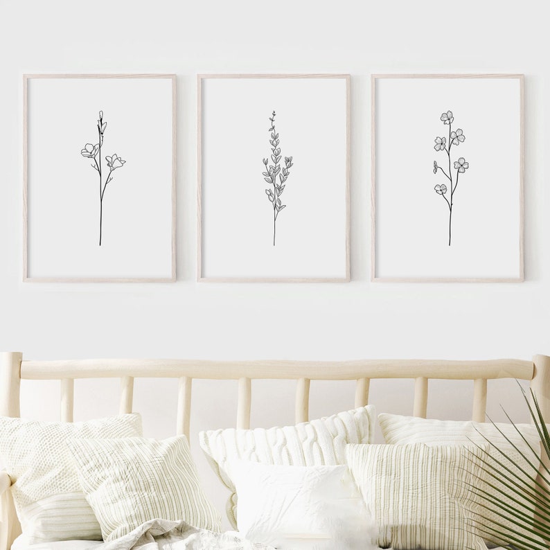 Flower Line Art. Set Of 3 Prints. Botanical Line Art. Line Art Print. Floral Line Drawing. Abstract Flower Print. Living Room Wall Decor. image 1