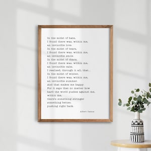 Albert Camus, Invincible Summer. Motivational Quote. Typographic Decor. Positive Quote Print. Albert Camus Poster. Book Quotes.