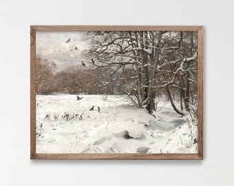 ビンテージ風景画。雪に覆われた木のプリント。森の冬の装飾。カラスのアートプリント。雪景色の印刷可能。H-165