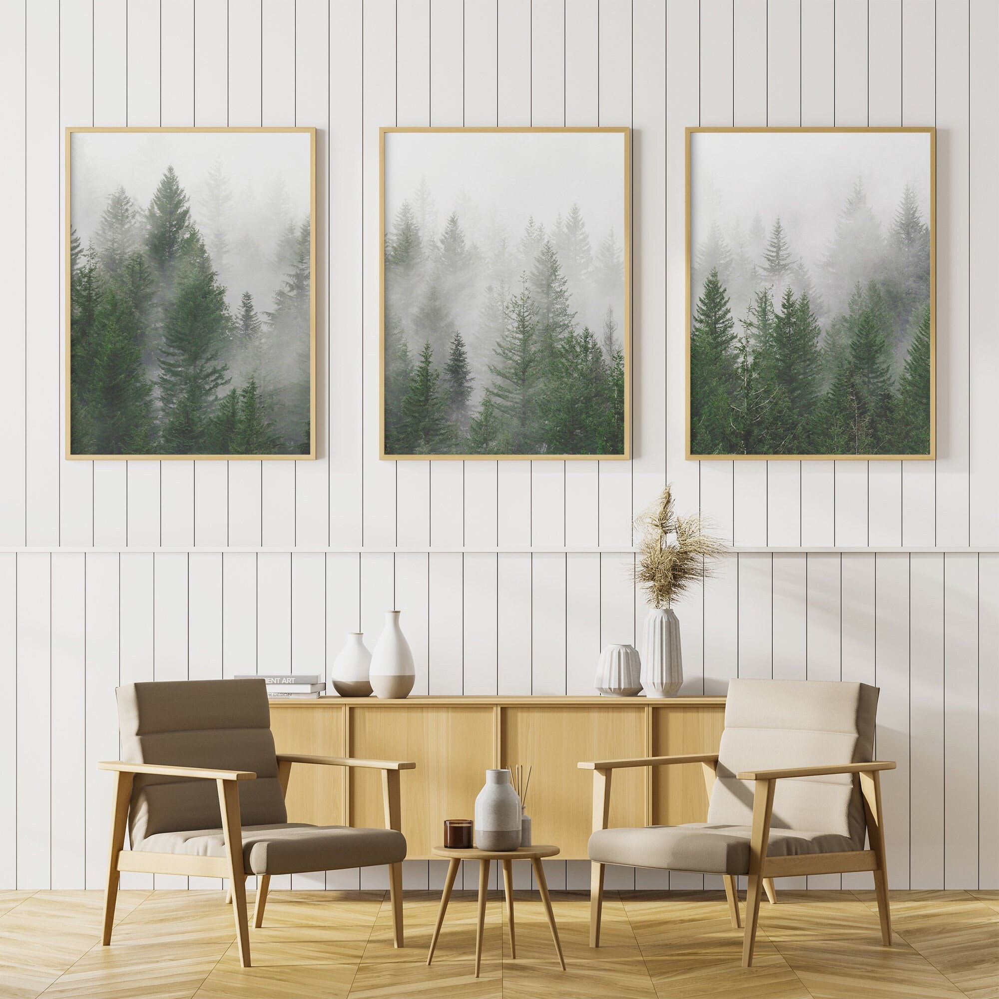 Foggy Pine Tree Forest Print Set, Landscape Wall Art - Etsy