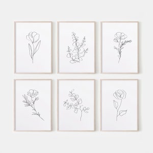 Flower Line Art. Set Of 6 Prints. Floral Line Art. Flower Prints. Botanical Wall Art. Living Room Wall Decor. Flower Wall Decor. Line Art.