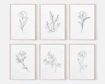 Flower Line Art. Set Of 6 Prints. Floral Line Art. Flower Prints. Botanical Wall Art. Living Room Wall Decor. Flower Wall Decor. Line Art.
