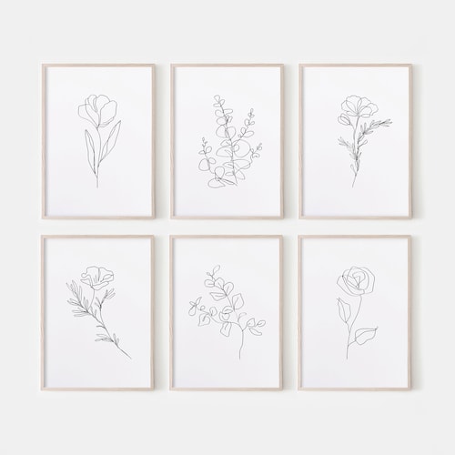 Flower Line Art Prints Set of 3 Prints Floral Print Flower Etsy