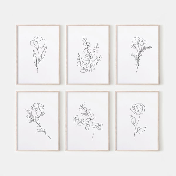 Flower Line Art. Set Of 6 Prints. Floral Line Art. Flower Prints. Botanical Wall Art. Living Room Wall Decor. Flower Wall Decor. Line Art.