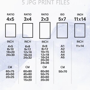 May include: A chart showing different print file sizes and ratios for digital images. The chart includes inch and centimeter measurements for each size. The ratios are 4x5, 3x4, 2x3, and 5x7. The ISO sizes are A1, A2, A3, A4, and A5.