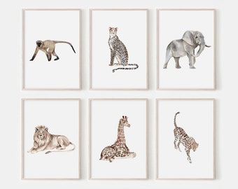Safari Tier Kinderzimmer Druck Set, Neutral Aquarell Kunst (Digitaler Download)