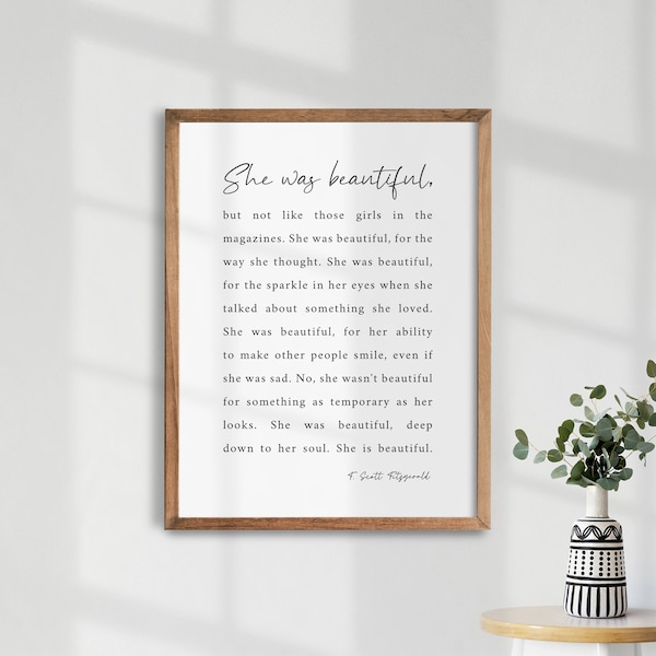 She Was Beautiful Quote. F Scott Fitzgerald Quote. Girl Room Decor. Book Quote Wall Art. Typography Print. Literary Quote.