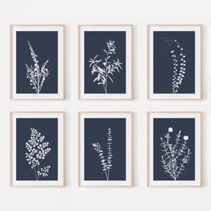 Blue Botanical Print. Set Of 6 Prints. Navy Blue Wall Art. Indigo Blue Decor. Botanical Print Set. Floral Wall Art. Blue Botanical Art.