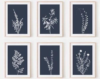 Navy Blue Botanical Print Set, Indigo Floral Wall Art (Set of 6)