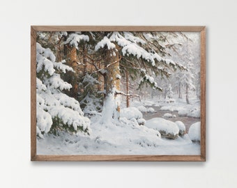 Vintage Winter Wald Gemälde, verschneite Landschaft Wandbild (Digitaler Download)