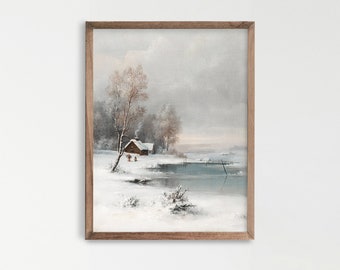 ヴィンテージの冬の風景プリント。キャビンの壁アート。アンティークの風景油絵。ロッジの壁装飾。V-03