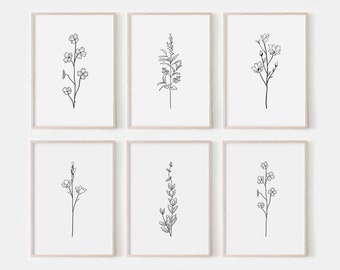 Floral Line Art Prints, Set of 6, Botanical Wall Decor