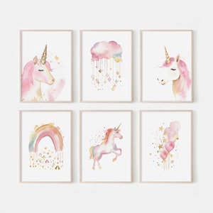 Ensemble d&#39;art mural licorne. Décoration de chambre de fille. Impressions de licorne. Nuage et art arc-en-ciel. Décoration de chambre d&#39;enfant rose. Téléchargement numérique.