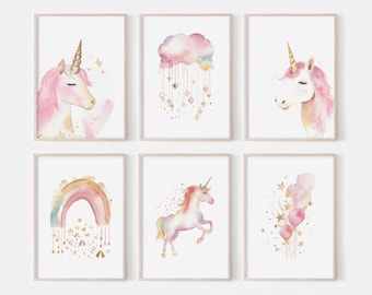 Unicorn Wall Art Set. Girls Room Decor. Unicorn Prints. Cloud and Rainbow Art. Pink Nursery Decor. Digital Download.