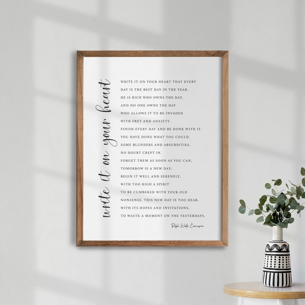 Write it on your heart. Ralph Waldo Emerson Quote. Inspirational Wall Art. Poem Wall Art. Dorm Room Decor. Printable Art.