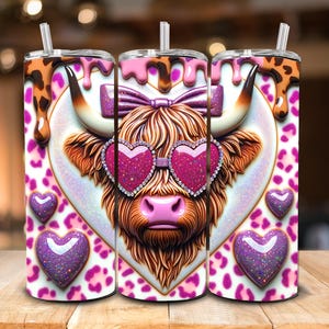 Leopard Hearts Highland Cow SUBLIMATION TRANSFER, Ready To Press Sublimation Transfer, 20 oz, Skinny Tumbler, Not A Digital