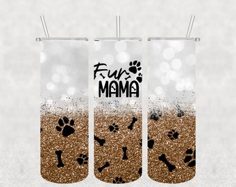 Könnte beinhalten: Drei durchsichtige Becher mit Deckel und Strohhalmen. Die Becher sind mit einem goldenen Glitzerhintergrund und schwarzen Pfotenabdrücken und Knochenmustern verziert. Der mittlere Becher trägt den Text "Fur Mama" in Schwarz.