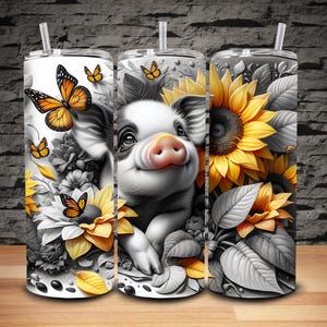 May include: Three stainless steel tumblers with lids and straws. Each tumbler features a unique design: a pig with sunflowers, butterflies, and floral elements. The color palette includes yellow, orange, black, white, and gray, creating a whimsical and artistic aesthetic.