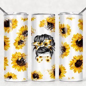 NOT A DIGITAL// Seamless//White Sunflowers Mom Bun//Aggiungi il tuo testo// Ready To Press// 20 oz Skinny Tumbler Transfer