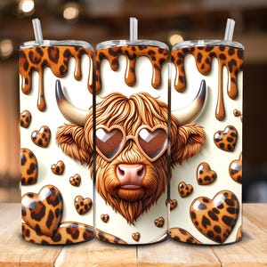 Leopard Hearts Highland Cow SUBLIMATION TRANSFER, Ready To Press Sublimation Transfer, 20 oz, Skinny Tumbler, Not A Digital
