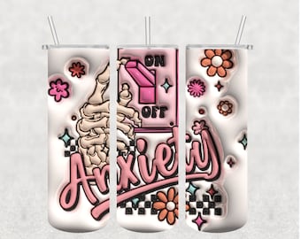 Puede incluir: Un vaso blanco con un gráfico rosa y blanco de una mano de esqueleto que acciona un interruptor etiquetado como "ON" y "OFF" con la palabra "Anxiety" en letras rosas. El vaso tiene una tapa transparente y una pajita.