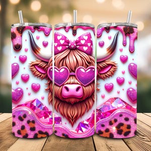 Leopard Hearts Highland Cow SUBLIMATION TRANSFER, Ready To Press Sublimation Transfer, 20 oz, Skinny Tumbler, Not A Digital