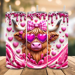 Leopard Hearts Highland Cow SUBLIMATION TRANSFER, Ready To Press Sublimation Transfer, 20 oz, Skinny Tumbler, Not A Digital