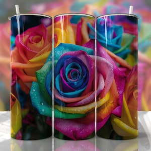 NO ES DIGITAL// 3D Roses Rainbow// Transferencia de sublimación// Listo para prensar// Transferencia de vaso delgado de 20 oz