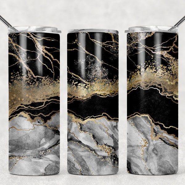 NOT A DIGITAL// Seamless//Black and Gold Agate Milky Way Glitter// Sublimation Transfer// Ready To Press// 20 oz Skinny Tumbler Transfer