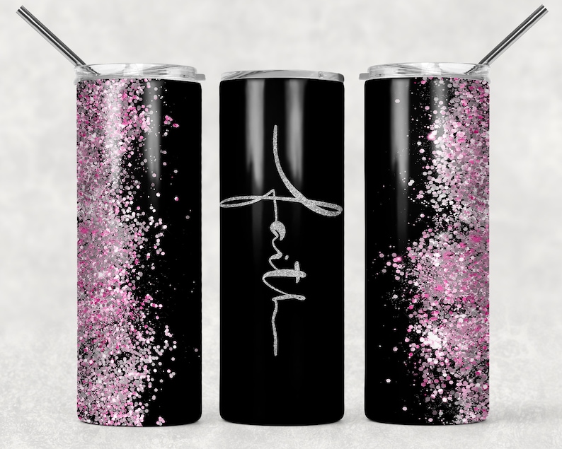 May include: Three black stainless steel tumblers with pink glitter on the sides. The middle tumbler has the word "Faith" written in silver script.