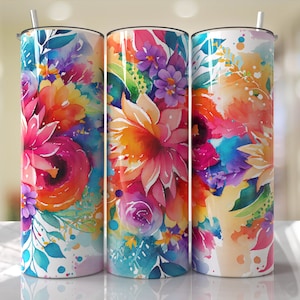NO ES DIGITAL//Neon Rainbow Floral// Transferencia de sublimación// Listo para prensar// Transferencia de vaso delgado de 20 oz