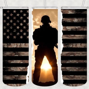 May include: A set of three sublimation designs featuring a silhouette of a soldier standing in front of a sunset with an American flag background. The flag is a distressed design with a camouflage pattern.