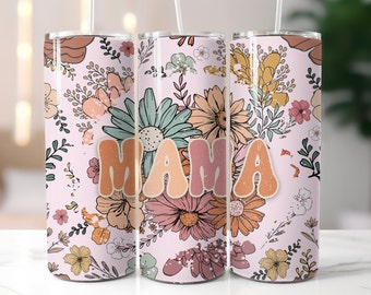 Może przedstawiać: Trzy kubki ze stali nierdzewnej z różowym wzorem kwiatowym i napisem "MAMA" w stylu retro.
