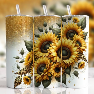 May include: Three stainless steel tumblers with a gold glitter background and a design of sunflowers with leopard print accents.