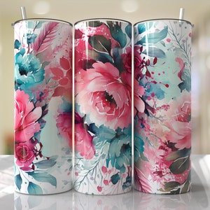NO ES DIGITAL//Rosa azul aguamarina floral// Transferencia de sublimación// Listo para prensar// Transferencia de vaso delgado de 20 oz