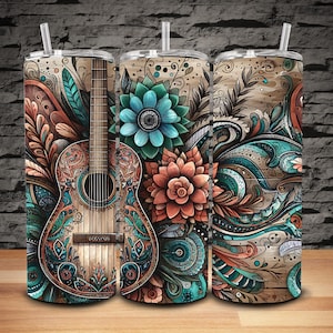 NO ES DIGITAL, Guitarra floral campestre, Envoltura impresa para vaso, Transferencia por sublimación, Listo para imprimir, Transferencia para vaso de 20 oz