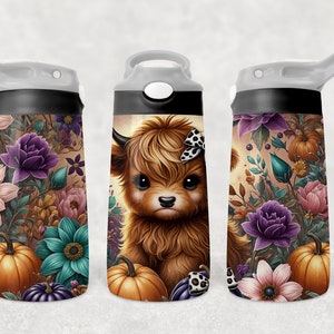 May include: Three stainless steel water bottles with a autumn-themed design. The bottles feature a cute highland cow with a bow, pumpkins, and autumnal flowers in shades of purple, pink, and teal.