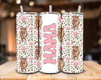 May include: Three stainless steel tumblers with a white background and pink floral pattern. The tumblers feature a Highland cow design and the word "MAMA" in pink letters.