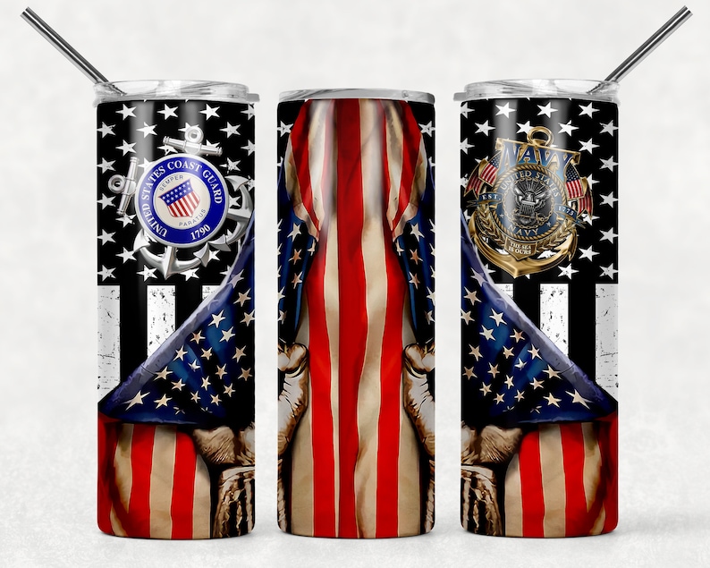 May include: Three stainless steel tumblers with a design of an American flag with the United States Coast Guard, United States Navy, and United States Army logos.