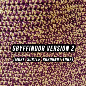 May include: Close-up of a crocheted fabric in a repeating pattern. The fabric is a combination of burgundy and gold colors. Text on the image reads "GRYFFINDOR VERSION 2 (MORE SUBTLE BURGUNDY TONE)".